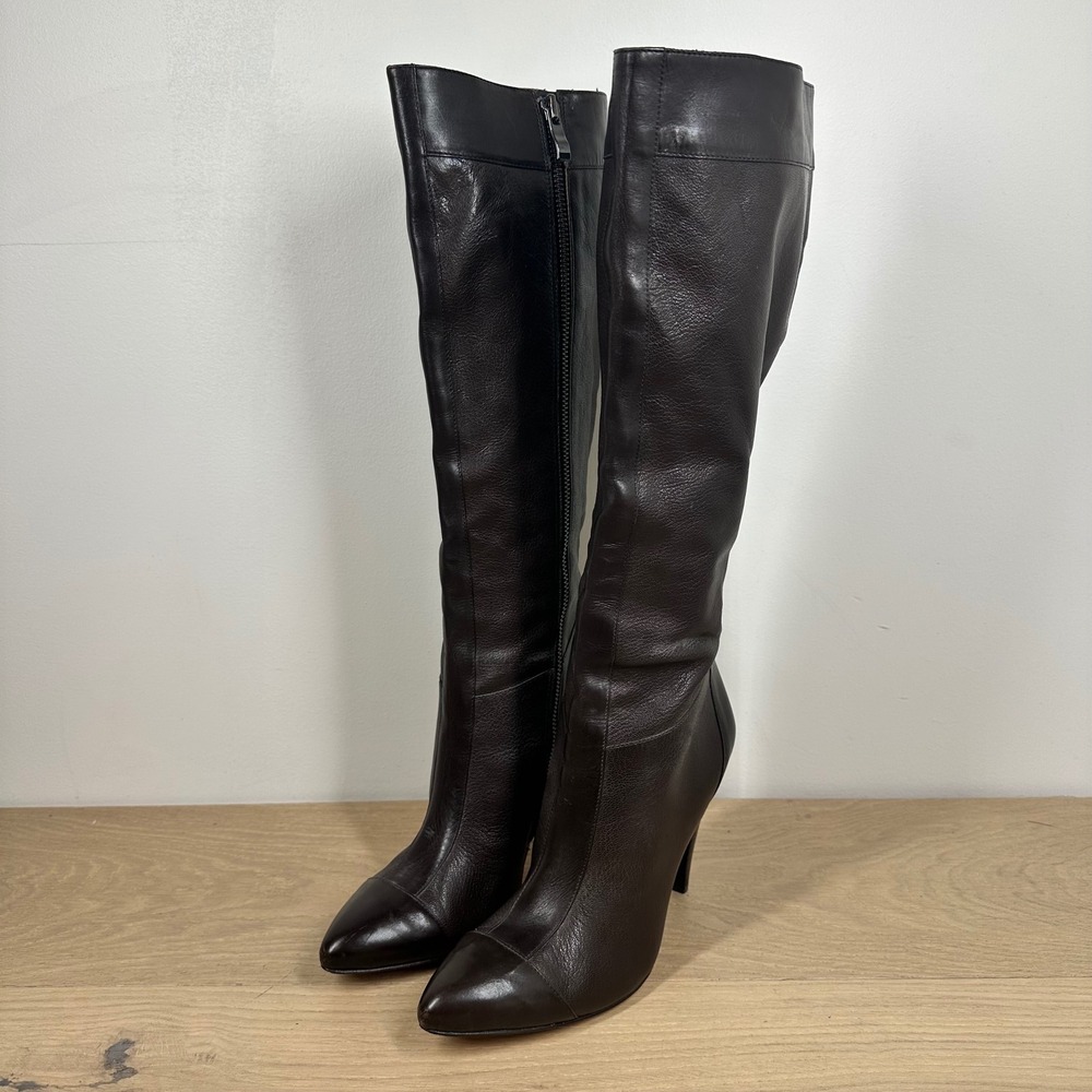 Saks Fifth Avenue Boots Women 8.5 Brown Leather Knee High Stiletto Pointed Toe